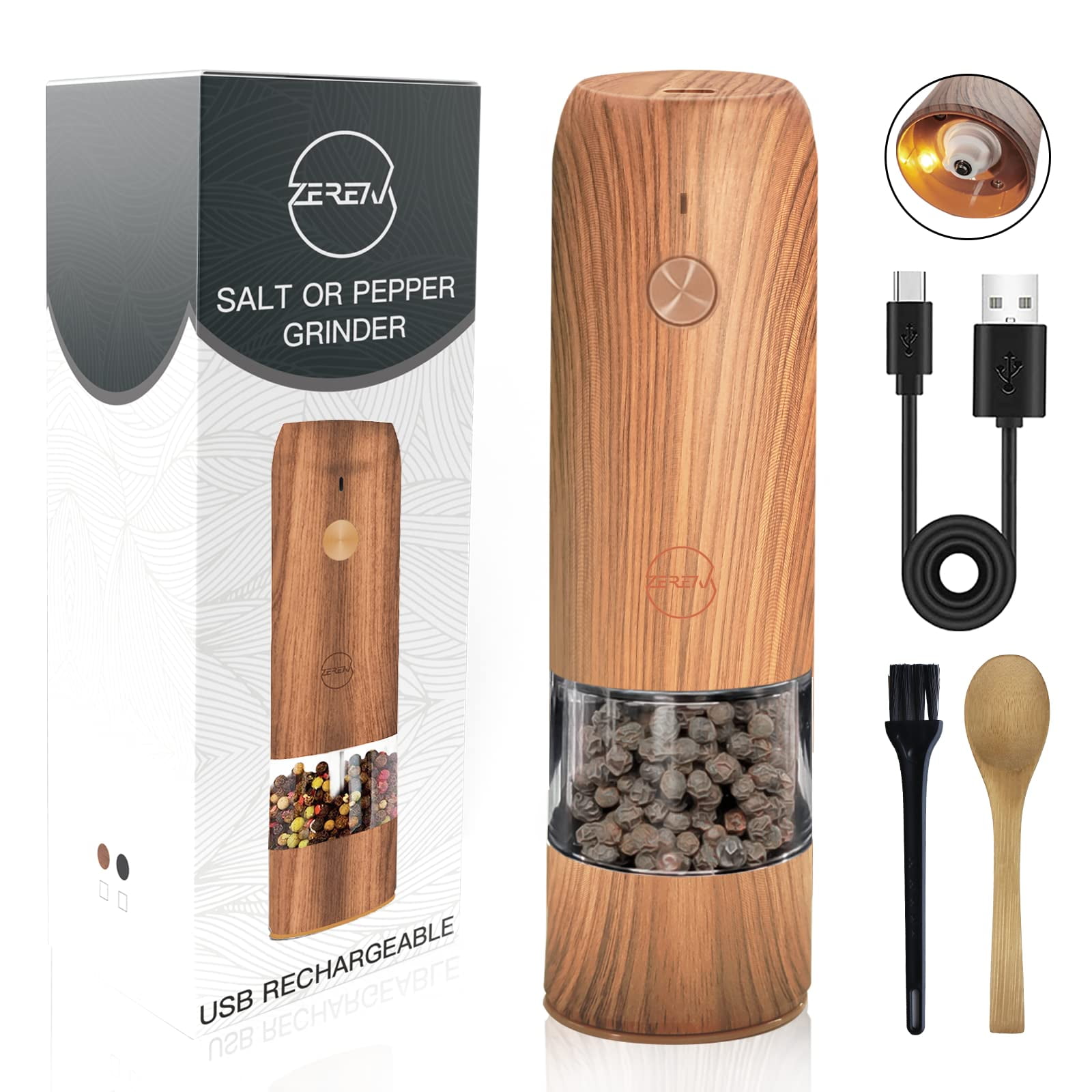  PwZzk Rechargeable Electric Salt or Pepper Grinder Mill With  USB type-C Charge Port and LED One Hand Automatic Electronic Spice Mill  Shakers Operation Refillable With Adjustable Coarseness: Home & Kitchen