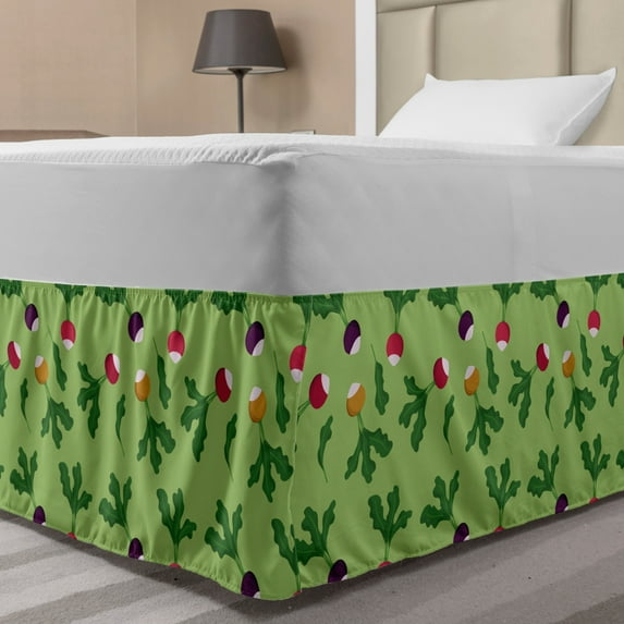 Vegetable Bed Skirt, Pattern of Colorful Radish Along Leaves Fresh Raw Healthy Illustration, Elastic Bedskirt Dust Ruffle Wrap Around for Bedding Decor, 4 Sizes, Green and Multicolor, by Ambesonne