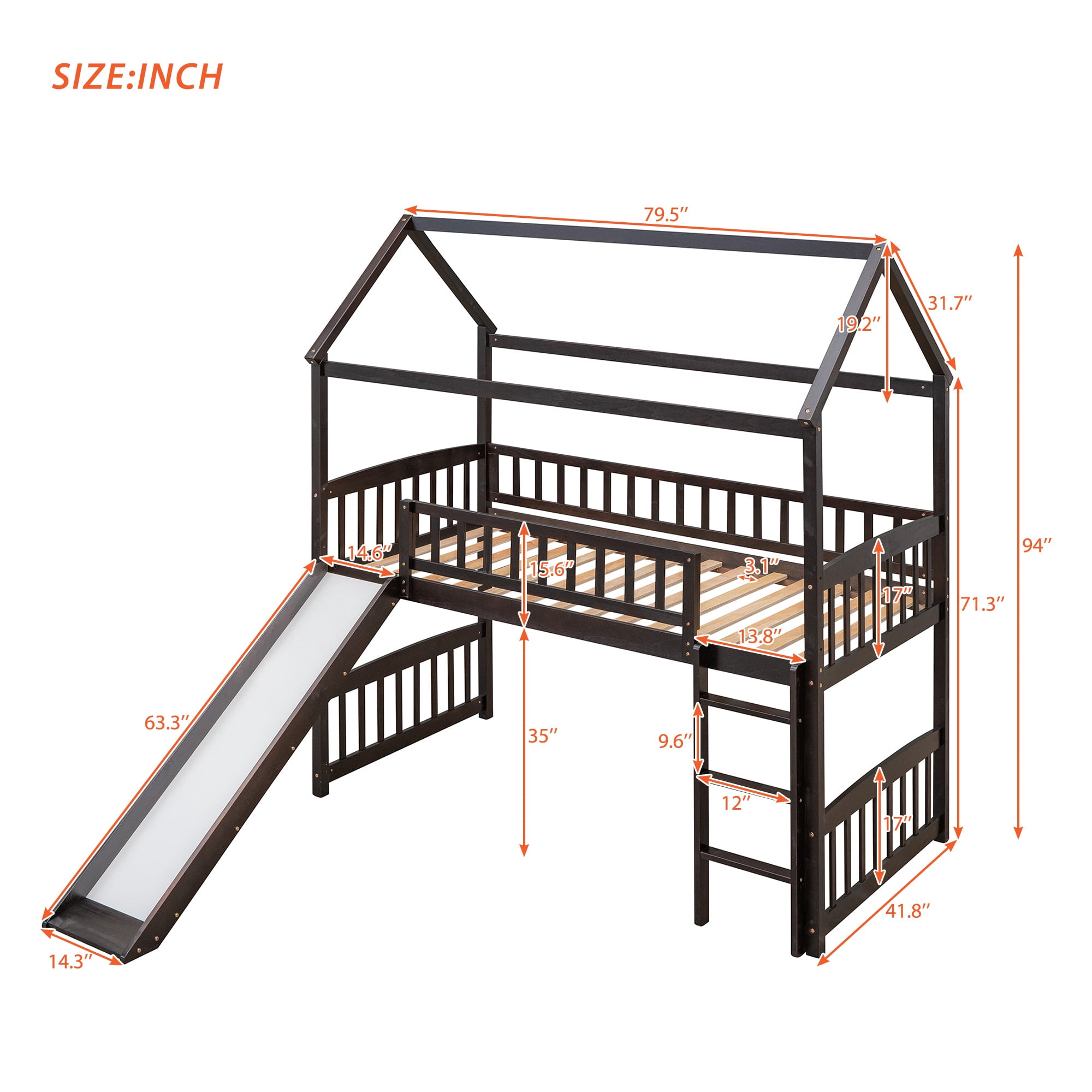 Aukfa Twin Loft Bed with Slide, House Bed with Headboard for Kids Teens Adults - Espresso