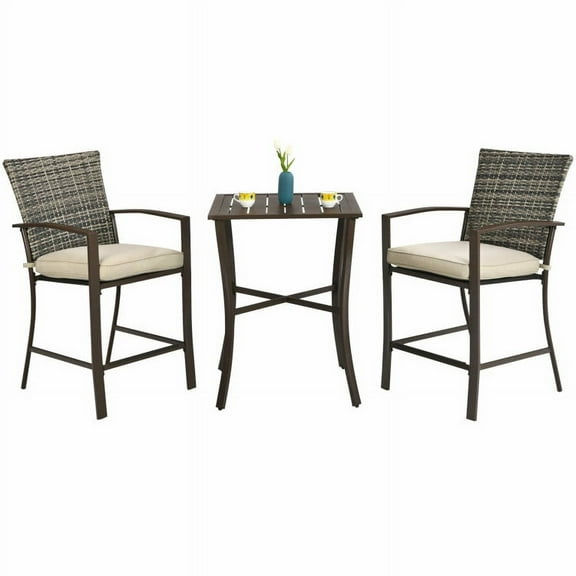 Spaco 3 Pieces Rattan Bar Furniture Set with Slat Table and 2 Cushioned Stools-Brown, Outdoor Stackable Dining Chairs for All Weather, Breathable Garden Outdoor Furniture for Backyard Deck