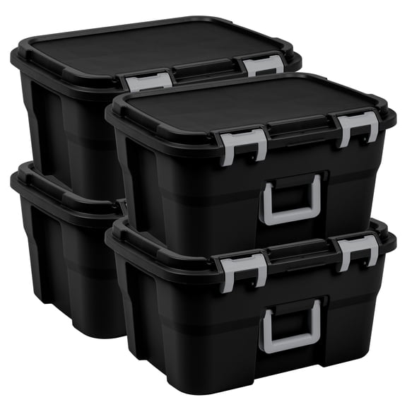 Sterilite Footlocker, 14 Gallon Plastic Storage Container with Latching Lid, Black, 4 Pack