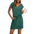thumbnail image 6 of Hvot&aat Cotton Dresses for Women V Neck Short Sleeve T Shirt Tie Waist Mini Dress Casual Solid Dress, 6 of 6
