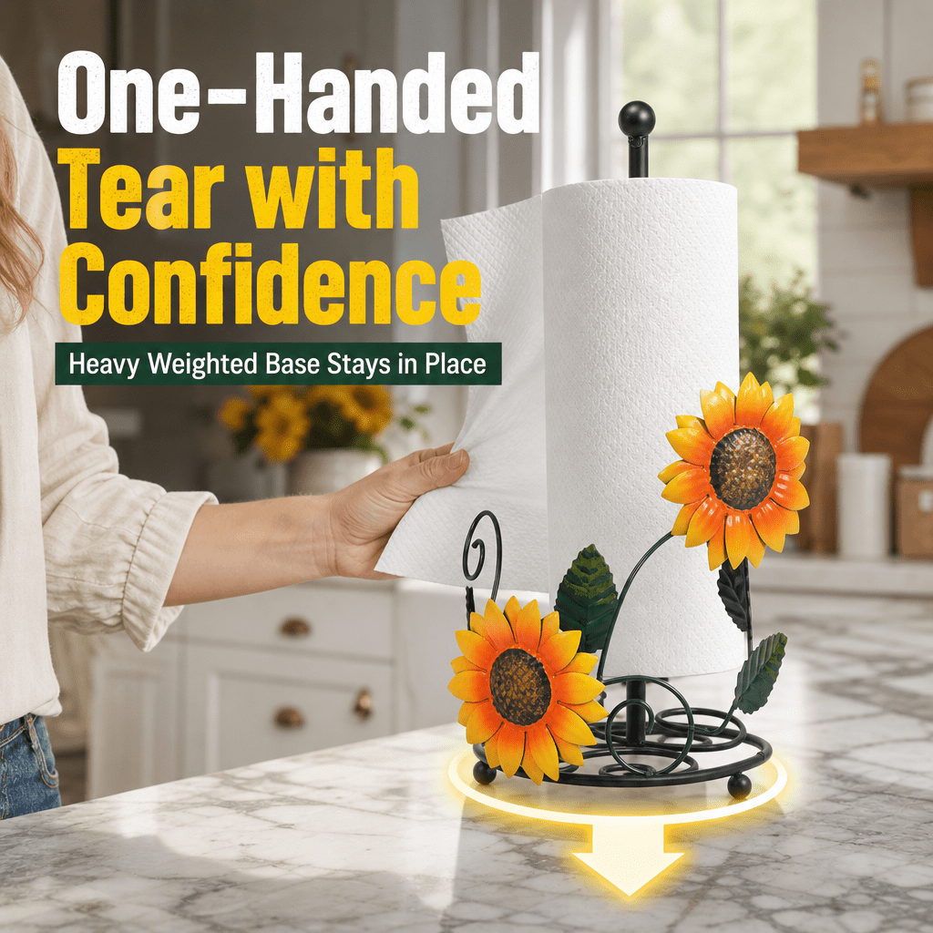 OKYMOTOR Sunflower Paper Towel Holder for Countertop, Heavy-Duty Iron with Weighted Base, Snag-Free Kitchen Decor, Fits Jumbo Rolls