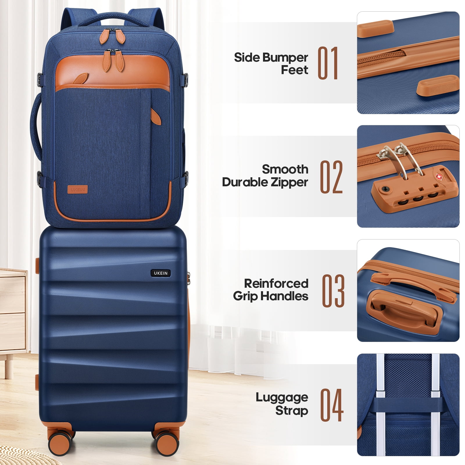 UKEIN Carry On Luggage 20 Inch Hardside Suitcase with YKK Zippers TSA Lock and Spinner Wheels Luggage Sets with Travel Backpack 3 Packing Cubes for Men Women