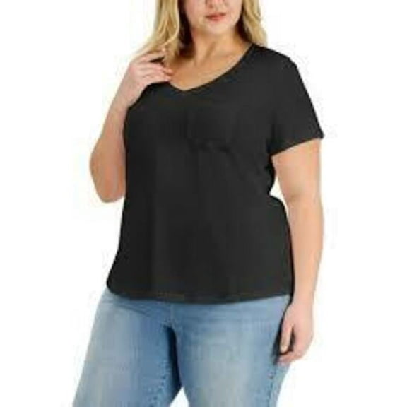 Style & Co Plus Size Cotton Solid V Neck Top Deep Black 1X