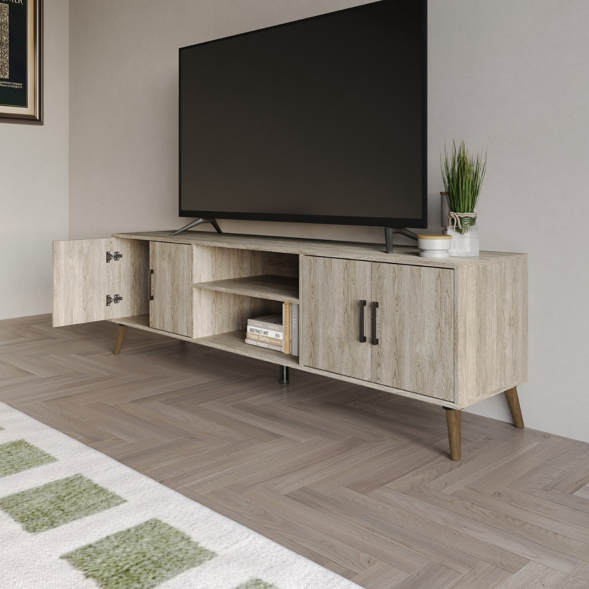 Home Design Juneau 71" TV Stand with Ample Storage, Open Shelves, and Round Cable Hole, Modern Vintage Design for Living Room, Antique Gray