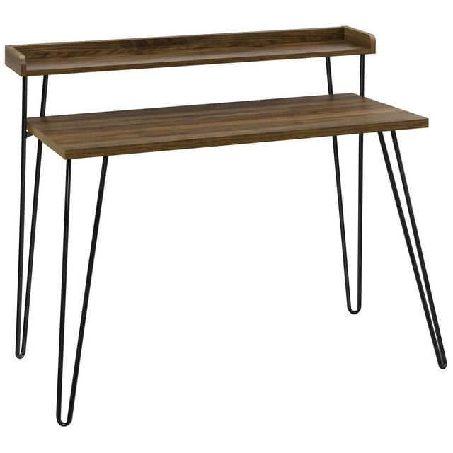 Ameriwood Home Haven retro computer desk featuring a wood grain surface with an elevated riser and black metal hairpin legs.