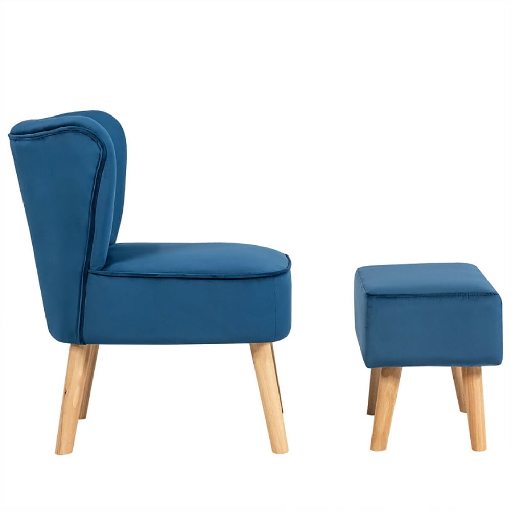 Finihen Velvet Accent Chair, Modern Accent Chair Ottoman Set with Footstool, Thickly Padded, for Living Room, Bedroom, Blue