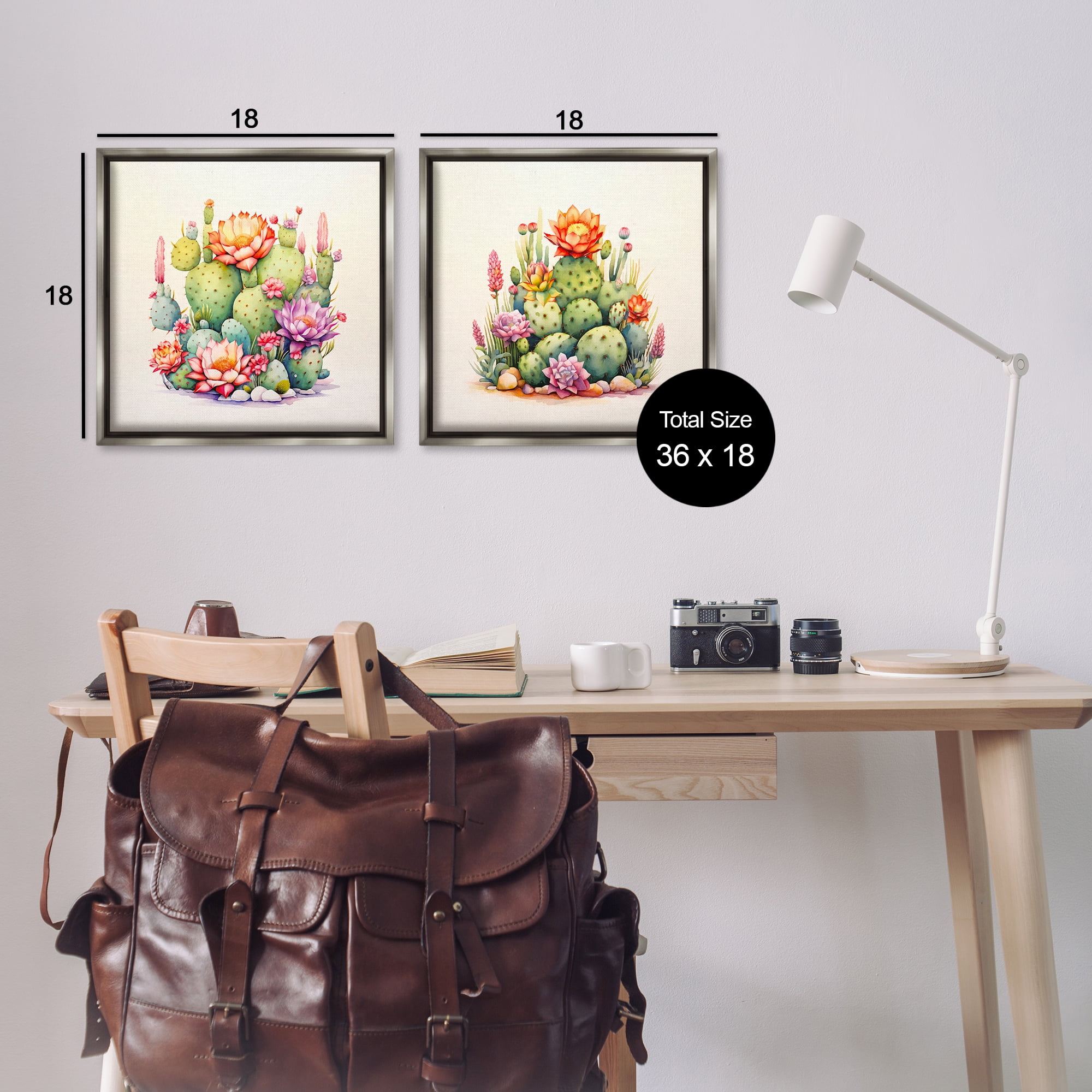 Stupell Industries Desert Spring Cactus Flowers Plants & Flowers Painting Gray Floater Framed Canvas Art Print Wall Art, 18 x 18, Set of 2