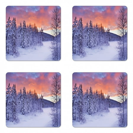 

Winter Coaster Set of 4 Frozen River in a Wintry Landscape Finnish Lapland at Sunrise Arctic Nordic Country Square Hardboard Gloss Coasters Standard Size Multicolor by Ambesonne