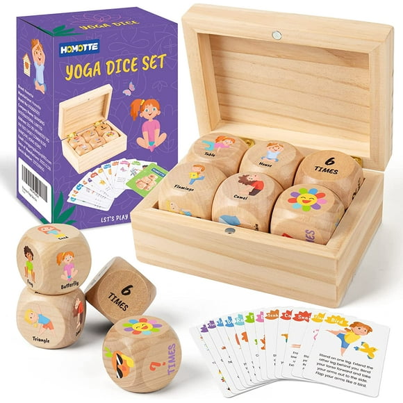 Homotte Wooden Yoga Dice Set for Kids and Adults, Fun Workout Game with 6 Exercise Dice, 12 Yoga Cards & Gift Box, Mindfulness Yoga Gifts for Women & Beginners