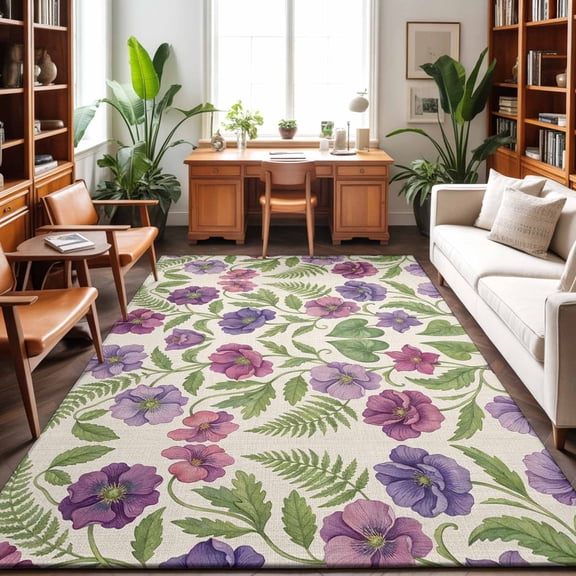 Area Rugs 4'x6'. Purple Green Botanical Carpet Runner Indoor Outdoor Rugs Home Decor Aesthetic, Spring Floral Summer Rustic Non Slip Mats Washable Accent Rug for Living Room Bedroom