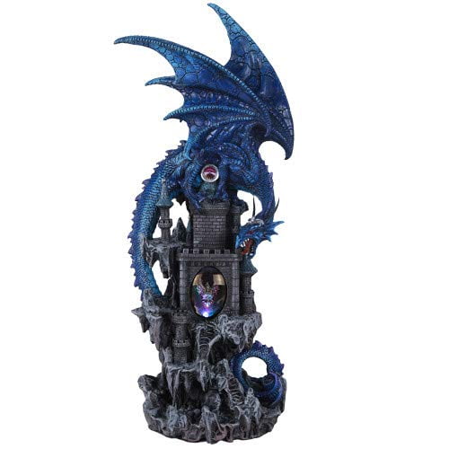 Pacific Giftware Guardian Dragon Protecting Castle with Rhinestone Rock Crystal Tabletop Decor Collectible Figurine Gift (20.75" Blue)