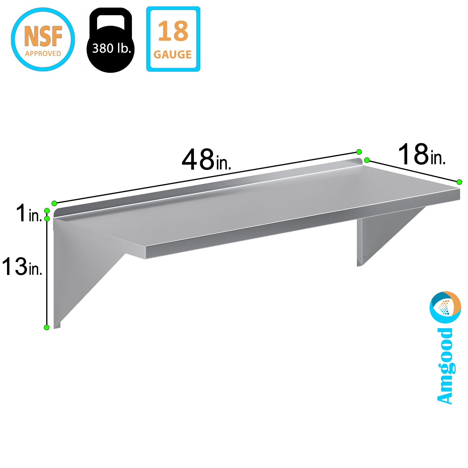 AmGood 18" Width x 48" Length | Stainless Steel Wall Shelf | Square Edge | Metal Shelving | Heavy Duty | Commercial Grade | Wall Mount | NSF Certified