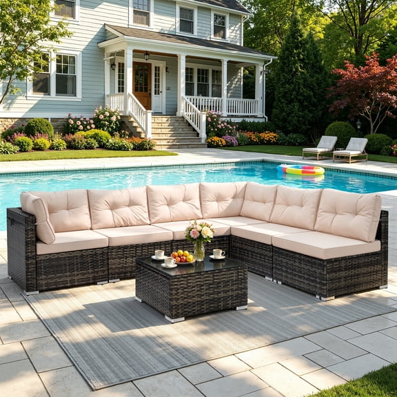 Patio Outdoor Furniture Sets, 7 Pieces All-Weather Rattan Sectional Sofa with Tea Table & Cushions, PE Rattan Wicker Sofa Couch Conversation Set for Garden Backyard Poolside