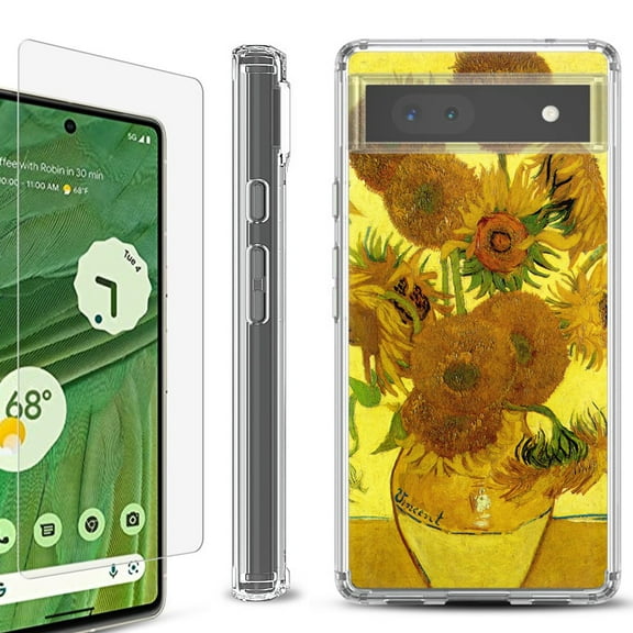 Shockproof Bumper Phone Case for Google Pixel 6a, with Tempered Glass Screen Protector, by OneToughShield ® - Sunflower