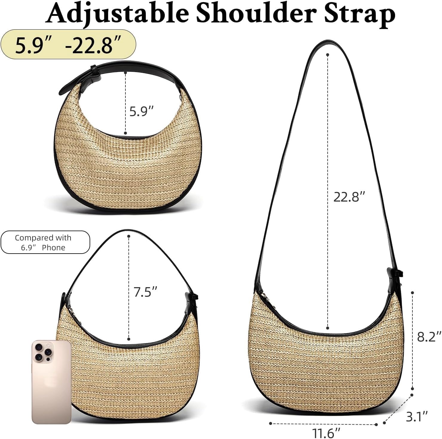 CAILDANL Straw Crossbody Bag for Women Beach Woven Hobo Handbag Summer Chic Crescent Shoulder Purses with Adjustable Strap