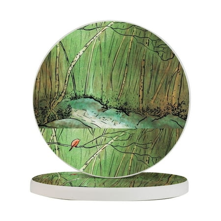

Circular Drink Coasters Set Red Bird On Forest Beautiful Home Decor Diatomite Heat-Resistant Diatomite Protect Table Countertop