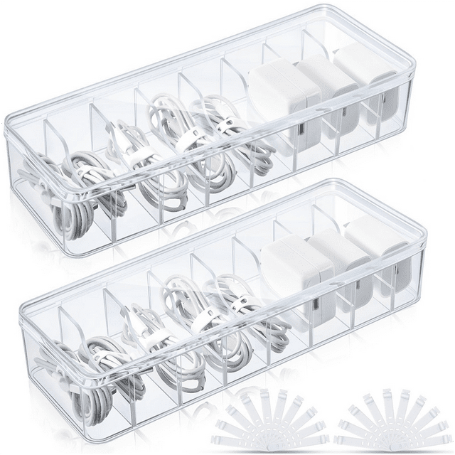 2Pcs Cable Storage Box with Wire Ties, Clear Cord Storage Box Without Lid, Organizer for Home Office Desk Organizers
