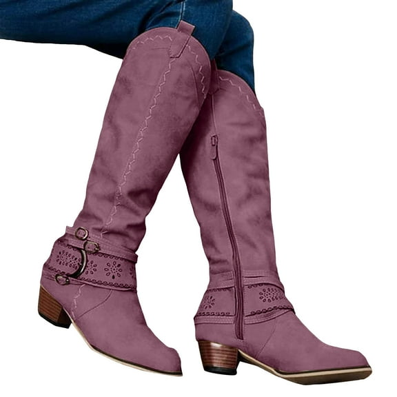 Knee High Cowboy Boots for Women Pointed Toe Retro Strappy Zip up Stacked Heel Tall Cowgirl Booties