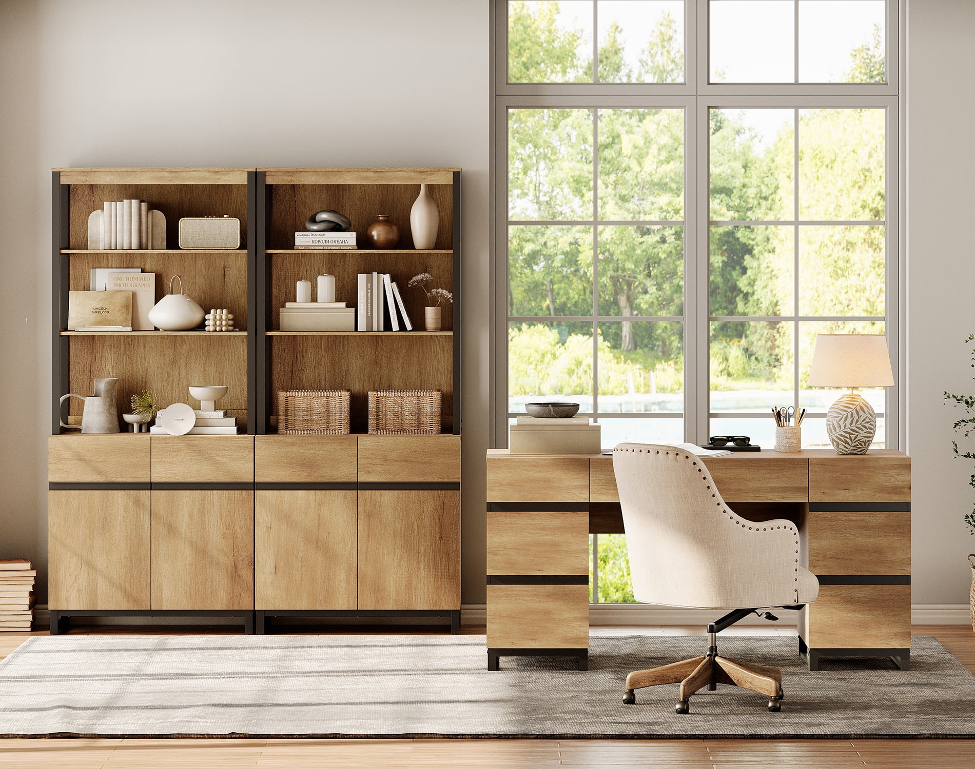 WAMPAT Home Office Furniture Set: 59in Modern Executive Desk with Charging Station & Drawers and 2 PCS 72in Tall Bookcases with Storage Cabinet, Home Office Furniture for Living Room, Oak