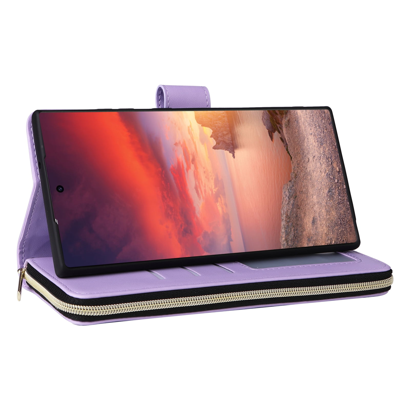 for Samsung Galaxy S24 Ultra Wallet Case, Multi-Functional Zipper Purse Case, with Flip Stand Card Holder PU Leather Phone Cover with Lanyard & Wrist Strap for Samsung Galaxy S24 Ultra, Purple