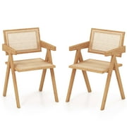 Costway Set of 2 Rattan Accent Chairs Mid Century Dining Armchair Bamboo Frame Kitchen Natural