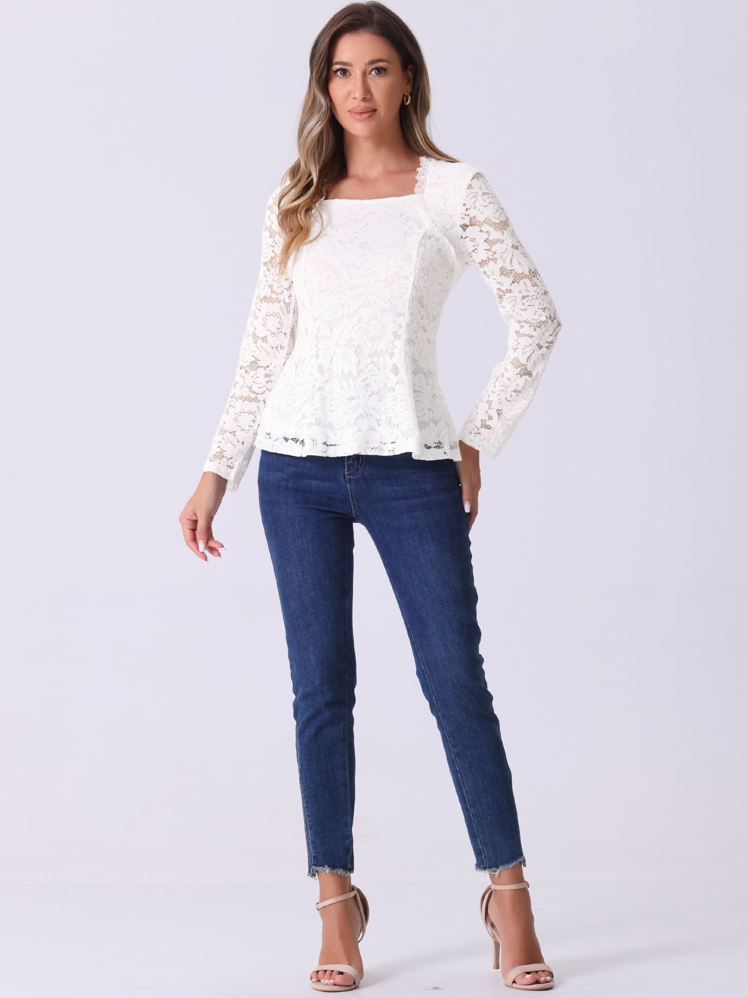 DARING DIVA Women's Lace Square Neck Long Sleeve Stretch Peplum Blouses XL White