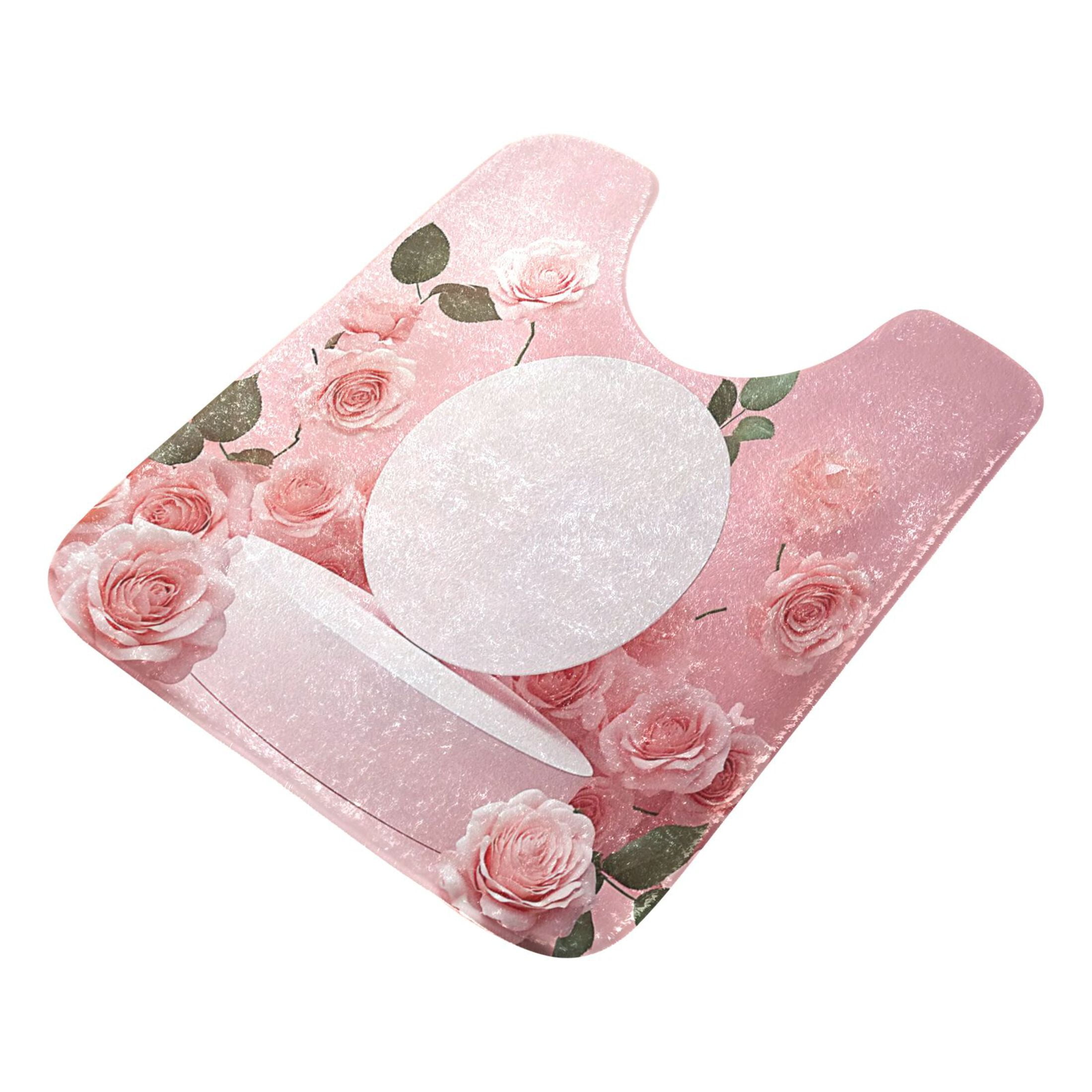 2 Piece Soft Bathroom Rug Set Light Pink Roses Bath Mat and U-Shaped Toilet Contour Rug (16"x24"+20"x24")