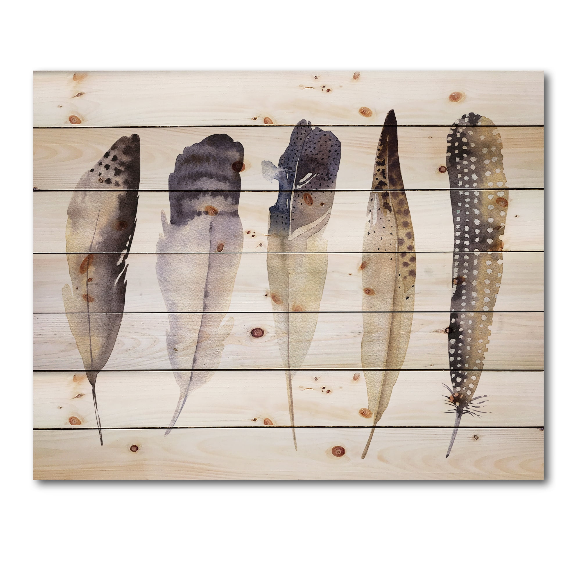 Designart 'Dark Gray Feathers Boho Ethnic II' Bohemian & Eclectic Print on Natural Pine Wood