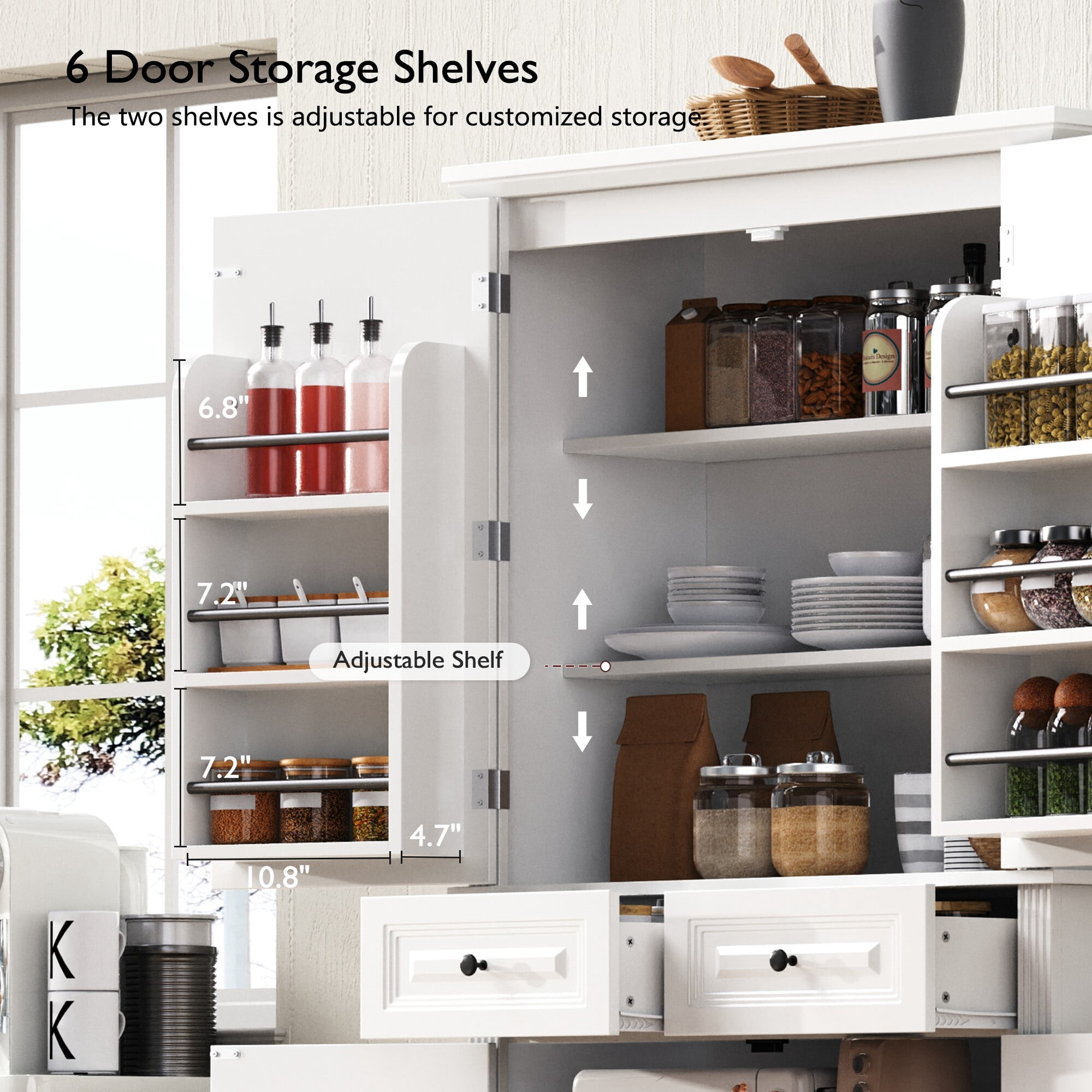 Howcool 71" Tall Kitchen Pantry Cabinet with 3 Pull-Out Organizers, 6 Door Shelves, 2 Drawers, Farmhouse Embossed Texture, Freestanding Storage for Kitchen & Dining Room