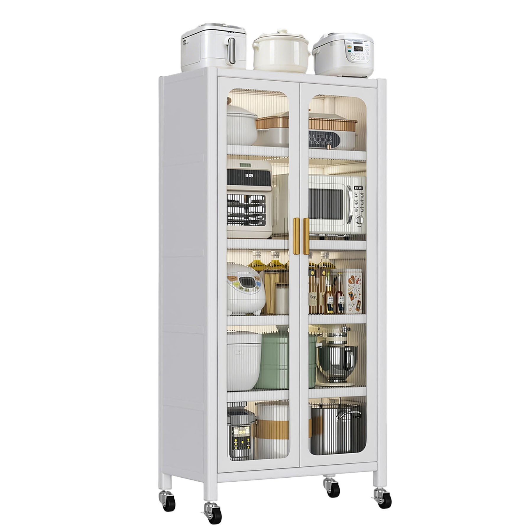 S-HOME 65 Inch Kitchen Pantry Storage Cabinet, White Metal Display Storage Cabinet with Wheels, Adjustable Shelves for Home