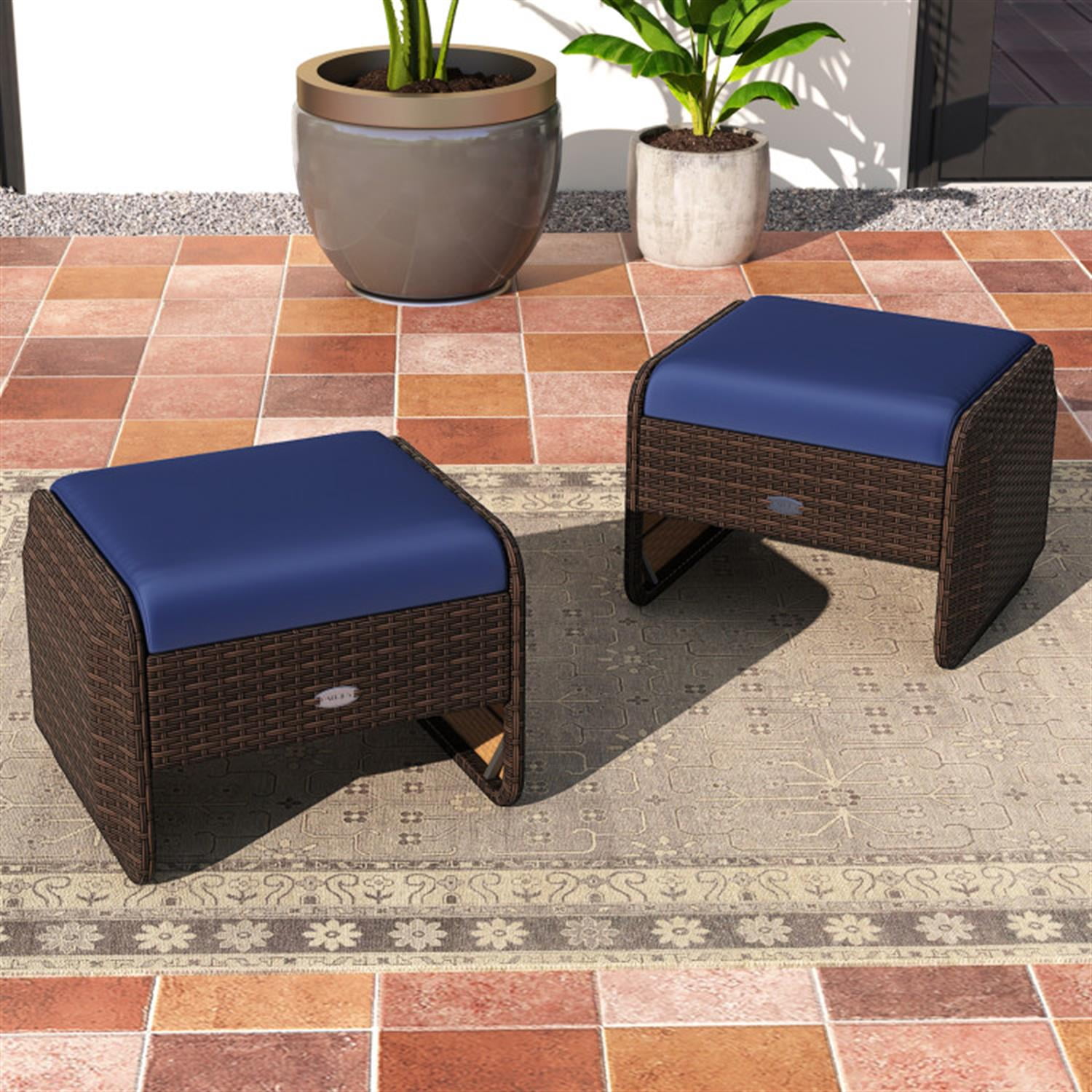 Demi Bonn 2 Pieces Outdoor Patio PE Wicker Ottomans with Removable Cushions for Yard, Pool or Backyard, Blue
