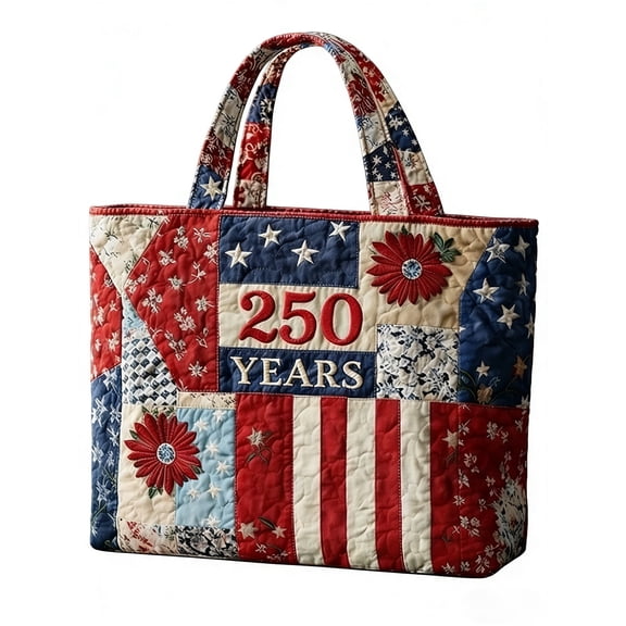 USA 250th Anniversary Quilted Tote Bag, Patriotic Patchwork Shoulder Bag with American Flag,Large Reusable Canvas Tote for Shopping, Beach, Travel, 1776-2026 Memorial Day Independence Day Gift
