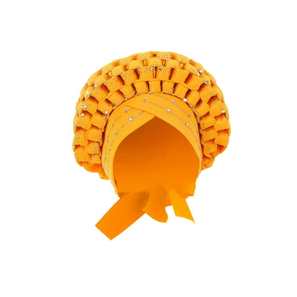 Turbante trenzado de moda, cubierta para el cabello trenzado, accesorios para cabeza Sombrero para cabeza Sombrero, Lentejues, Nudo para niñas musulmanas Amarillo Hugo turbante africano