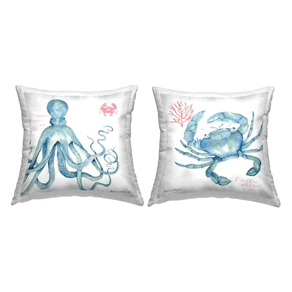 Stupell Industries Blue Aquatic Animals Ocean Botanicals Phrase Design by Stephanie Workman Marrott Throw Pillow (set of 2)