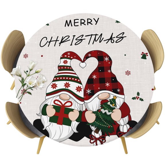 Round Fitted Tablecloths with Elastic Edge Christmas Trees Cute Gnomes Oil-Proof Waterproof Wipeable Table Cover for Kitchen Dining Party Decor Winter Pink Snowflakes Table Clothes,36" - 44"
