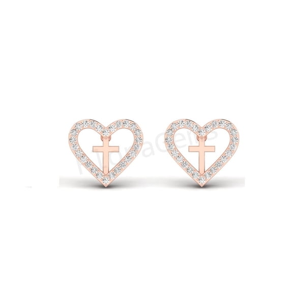 Accented With Heart Shape Stud Earrings for Women in 925 Sterling Silver With 14K Rose Gold Plated White Diamonds Open Heart & Cross Earrings For Women