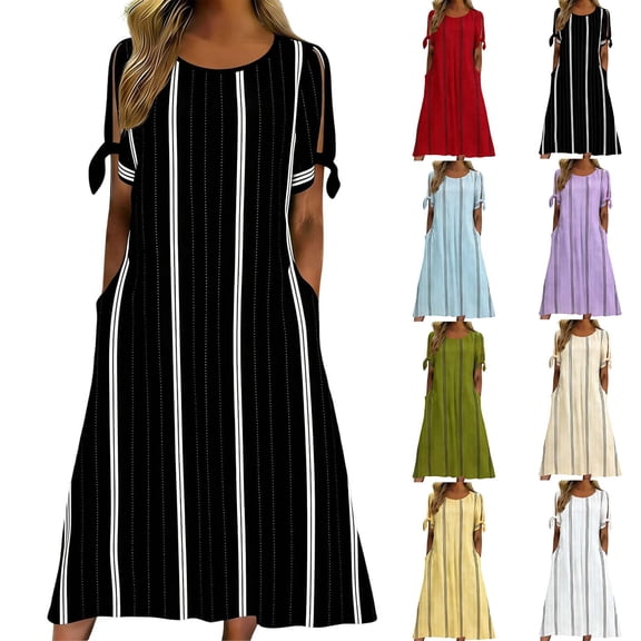 Women's Casual Short Sleeve Crewneck Dress Striped Print Side Pockets Summer Midi with Slit Sleeves Yellow