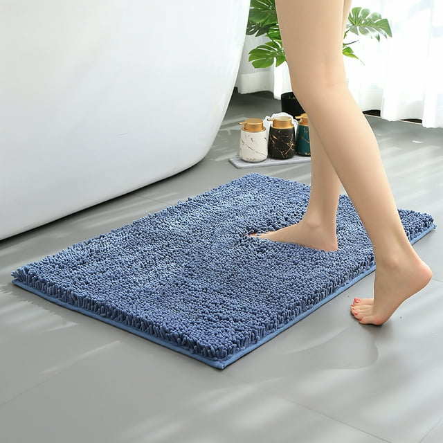 Hitime Soft Chenille Bath Mat Grey 24x36 Quick Dry Machine Washable Bathroom Runner - Ultra Absorbent Non-Slip Backing Bath Rug Mat - Blue