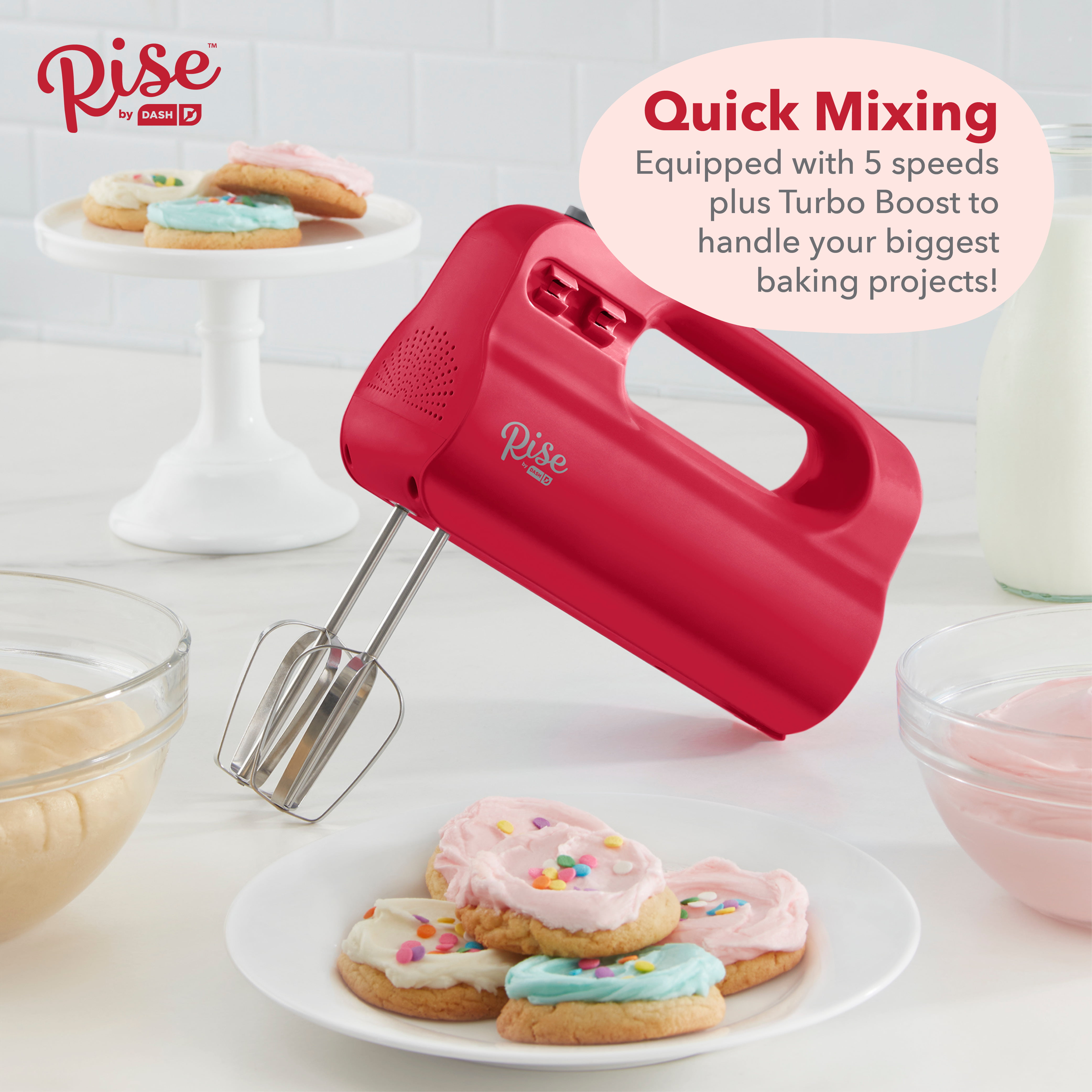  Dash SmartStore™ Deluxe Compact Electric Hand Mixer + Whisk and  Milkshake Attachment for Whipping, Mixing Cookies, Brownies, Cakes, Dough,  Batters, Meringues & More, 3 Speed, 150-Watt – Red: Home & Kitchen