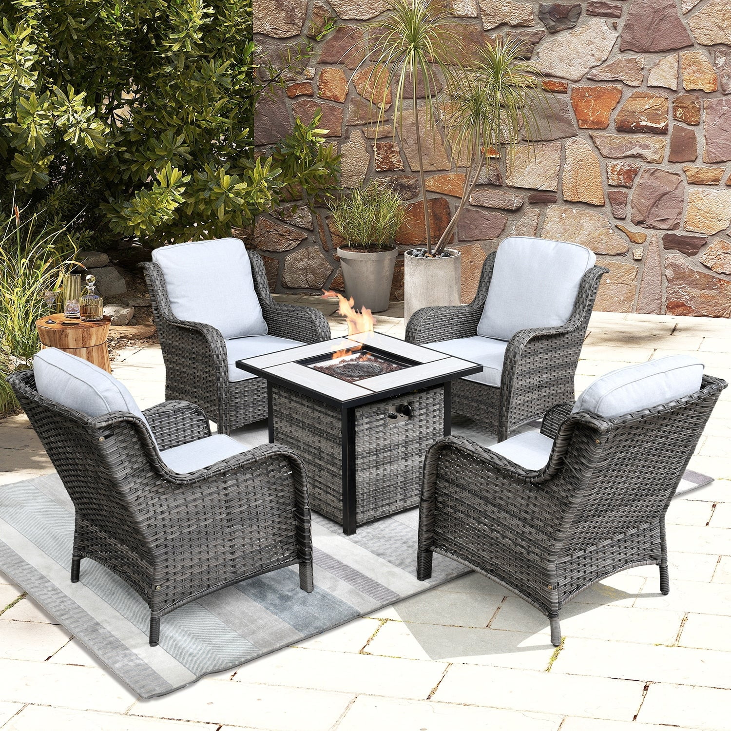 OVIOS Rattan Wicker 5piece Patio Furniture Set Single Chairs With Fire