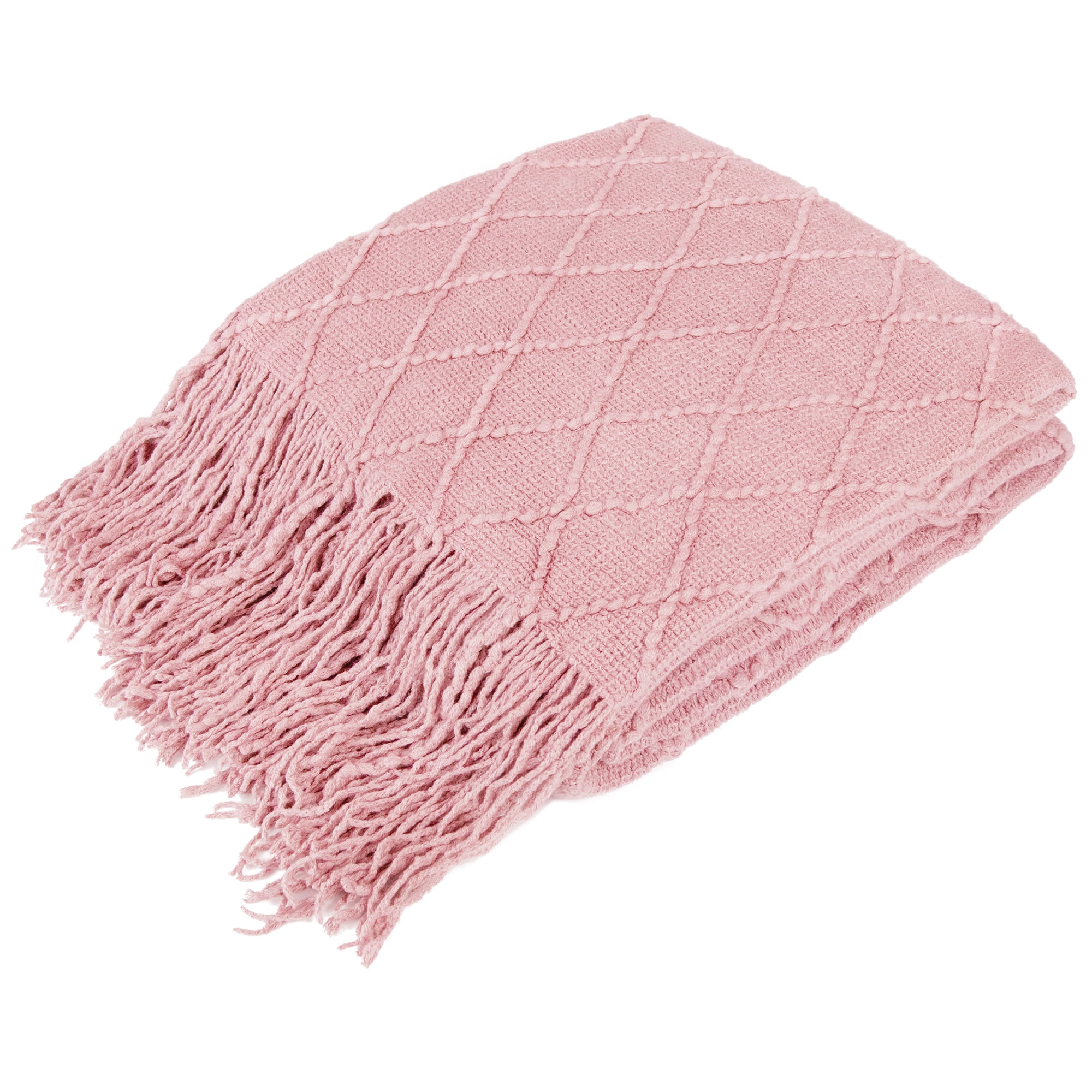 PAVILIA Light Pink Knit Throw Blanket for Couch, Soft Knitted Boho