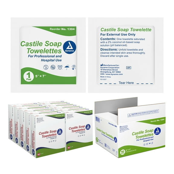 Dynarex Castile Soap Towelettes - Professional-Grade Wet Wipes Individually Wrapped for Hospital, School, Home - No Alcohol Gentle Formula with Coconut Oil-Based Soap, Size 5" x 7", 1000 Wipes Total