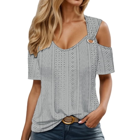 ZHOUCHANKIDS Cold Sholuder Tops for Women Summer Hollow Out Eyelet Short Sleeve Blouse Loose V Neck Tshirt Casual Tunics Blouses Grey XXXXL