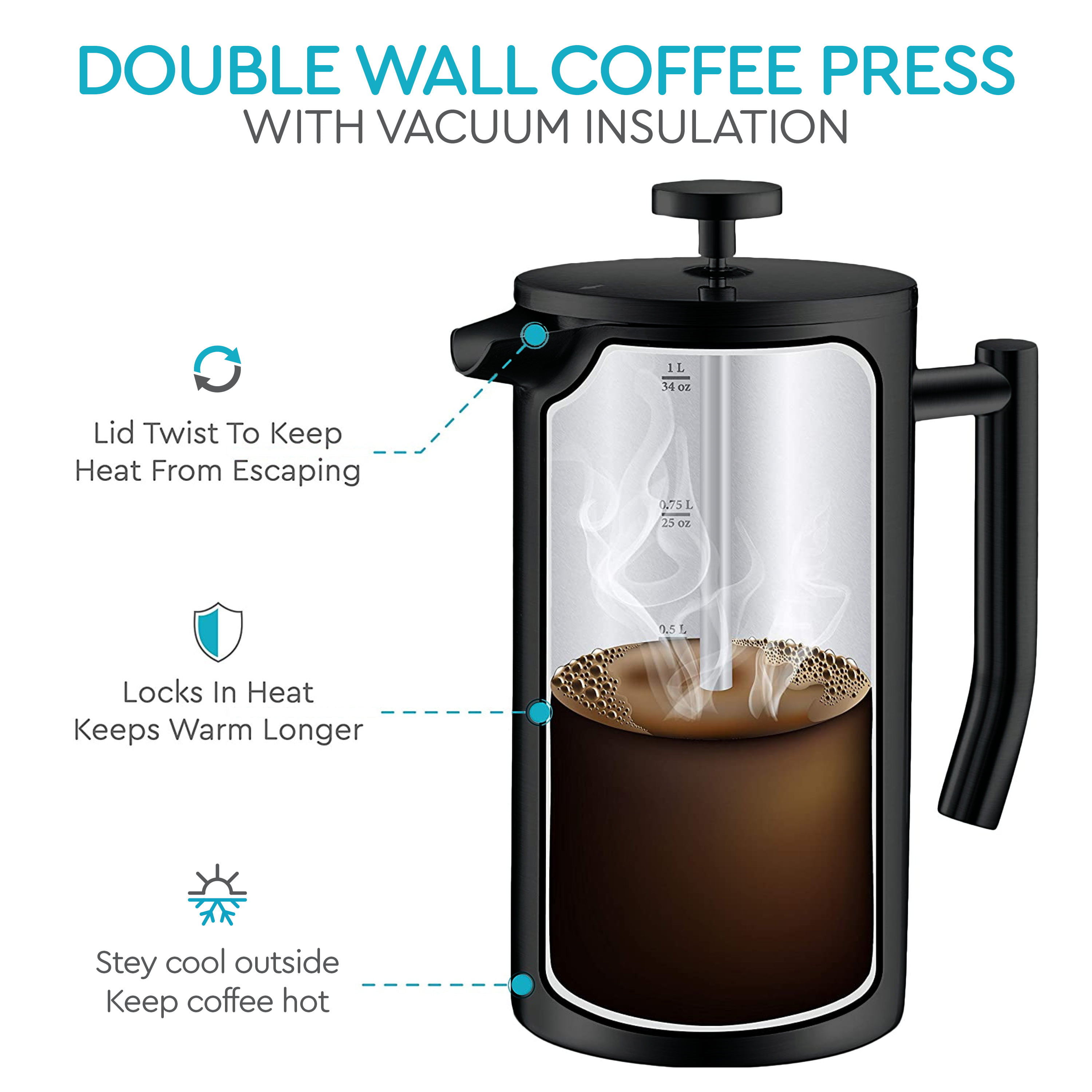 34oz Double Wall 304 Stainless Steel 1L Belwares French Press Coffee Maker Silver 4 Level Filtration System with 2 Extra Filters 