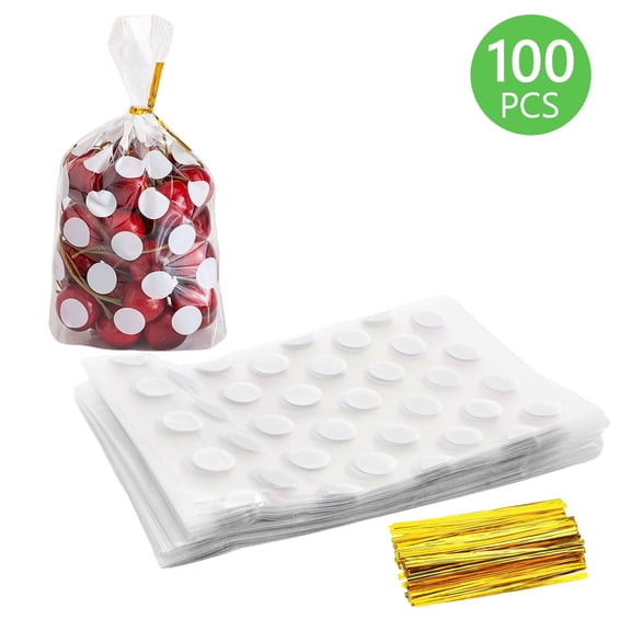 Tripumer 100 Pcs Clear Cellophane Bags with White Dot Treat Bags Twist Ties Bottom Gusset Bags Plastic Treat Goodie Bags for Small Gift Party Favors Cookie Candy Popcorn
