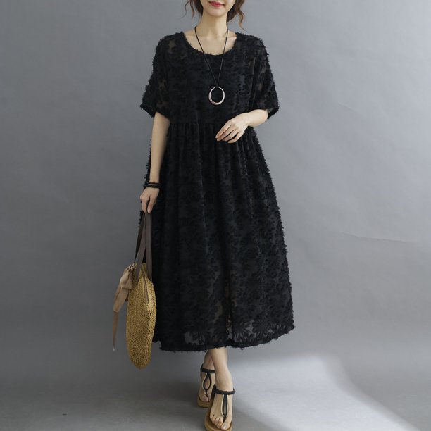 Vestido elegante de encaje floral para mujer, holgado, hasta media pantorrilla, cuello redondo y mangas cortas