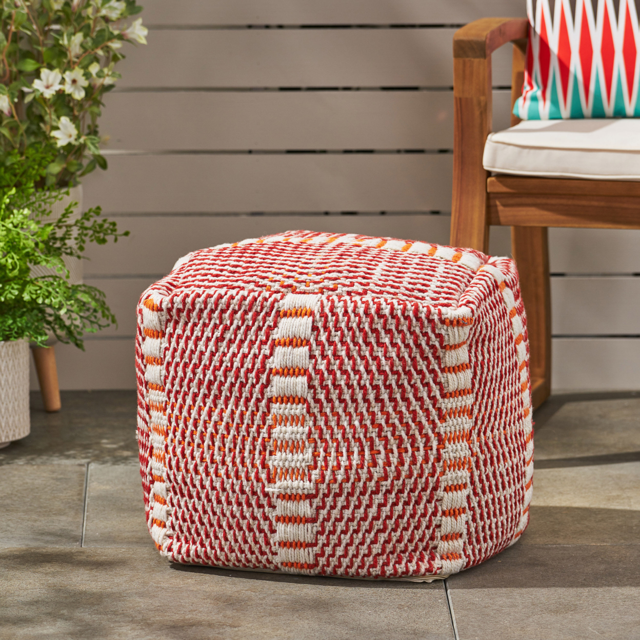 Dexter Bay Outdoor Handcrafted Boho Water Resistant Cube Pouf, Red and Orange - image 2 of 5