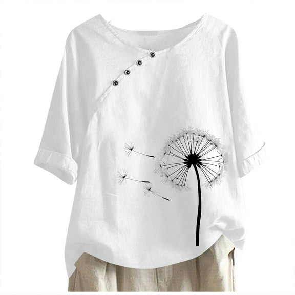 Giftesty Womens Tops 2024 Under $5 Women's Cotton And Linen Printed T-shirt For Slimming And Casual Personality Printing Top For Women's Clothing